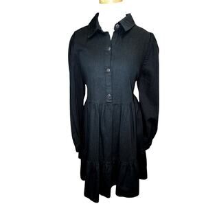 ZARA Black Tiered Shirt Dress – Long Sleeve Collared Cotton Mini – Size Medium